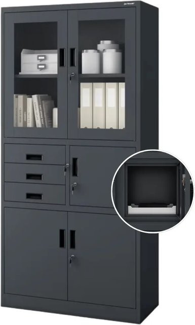DELUKE Vitrinenschrank aus Stahl mit Glastüren und abschließbaren Schubladen in Anthrazit matt, H x B x T: 185 x 90 x 40 cm - Bild 1
