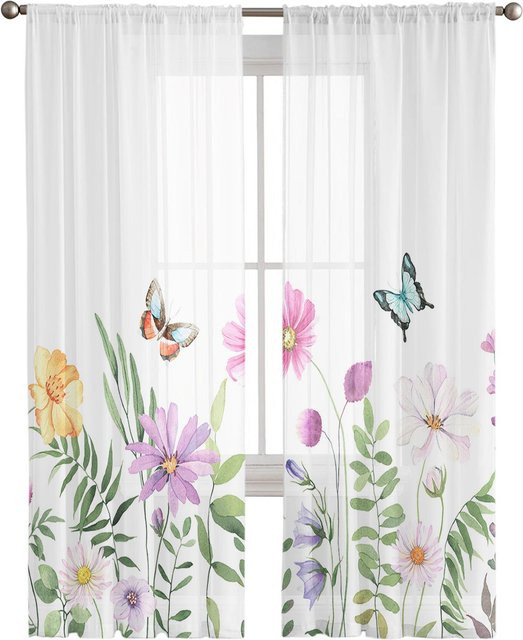 A Family Of Home Textiles Transparente Tüll-Gardine mit Blumen- und Schmetterlingsmuster, B/H: 135 x 160 cm, Mehrfarbig - Bild 1