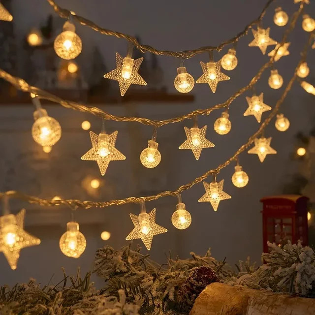 LED Weihnachts Lichterkette mit Stern und Schneeflocken in Warmweiß, 3m Länge, Wasserdicht für Garten und Weihnachtsbaum - Bild 1