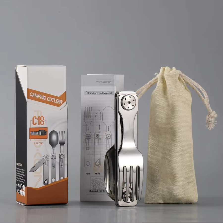 CHANSUNRUN 3-in-1 Outdoor Besteckset aus Edelstahl in Schwarz und Silber für Camping und Feldzug - Bild 5