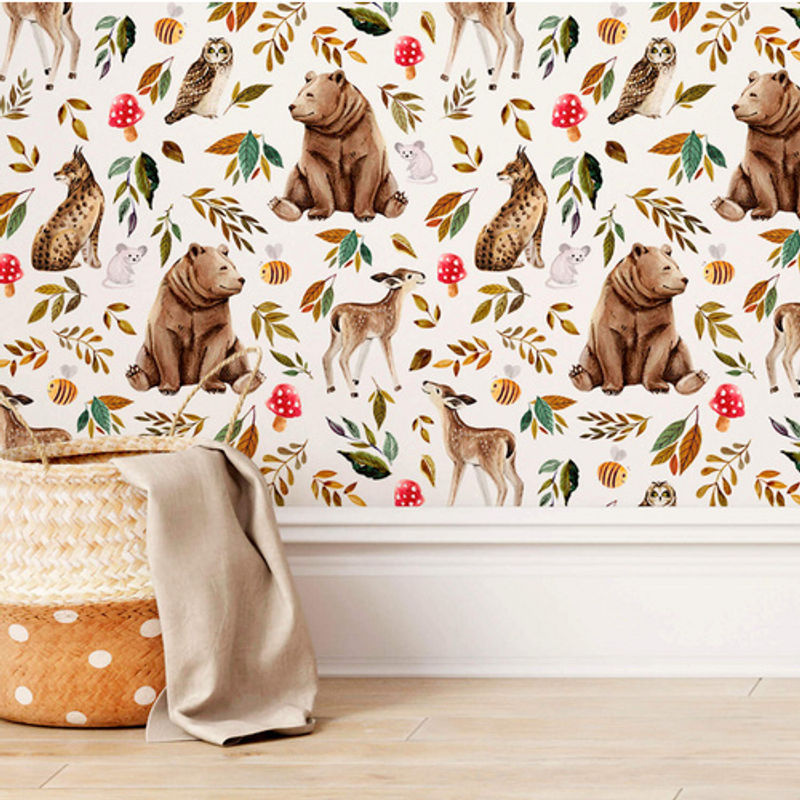 K&L Wall Art Vintage Vliestapete mit Waldtieren Reh Bär Maus Uhu, mehrfarbig, matt - Bild 3