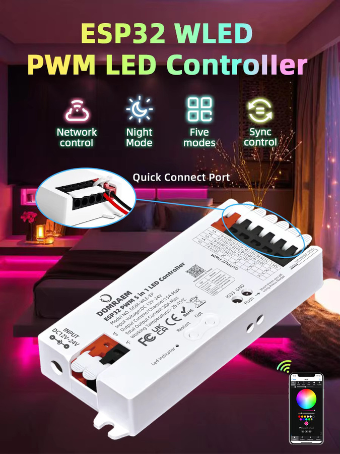 DOMRAEM 5-in-1 PWM ESP32 WLED Controller für CCT RGB RGBW RGBCCT LED-Streifen, WiFi, kompatibel mit Alexa und Home Assistant, 20 A Max, Farbe: Weiß - Bild 5