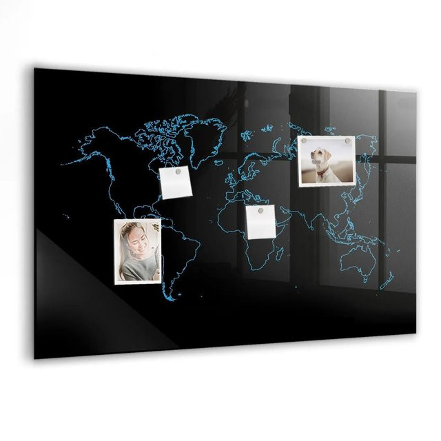 Tulup Glasmagnettafel Konturen der Weltkarte, Weiß, B: 90 cm, H: 60 cm - Bild 1