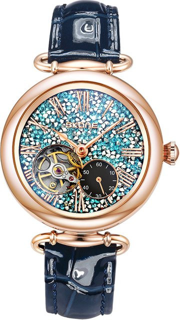 dulunwe Armbanduhr Automatik, Edelstahl, Roségold, Blau, Leder, Damen - Bild 1