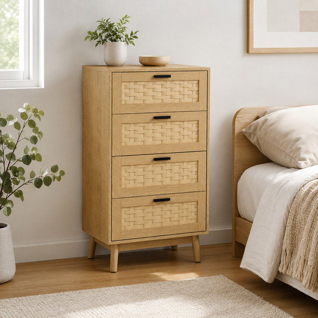 HYNHXBP Vier-Schubladen-Kommode aus Holz mit Rattan-Optik und Gummibaumholzbeinen in Beige - Bild 1