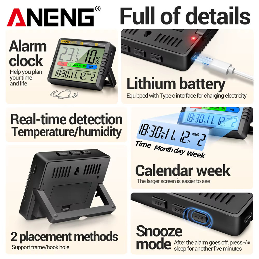 ANENG AP01 Digitales Thermohygrometer mit hochauflösendem Bildschirm und wiederaufladbarem Akku, Multifunktions-Luftthermometer in Schwarz oder Weiß - Bild 2
