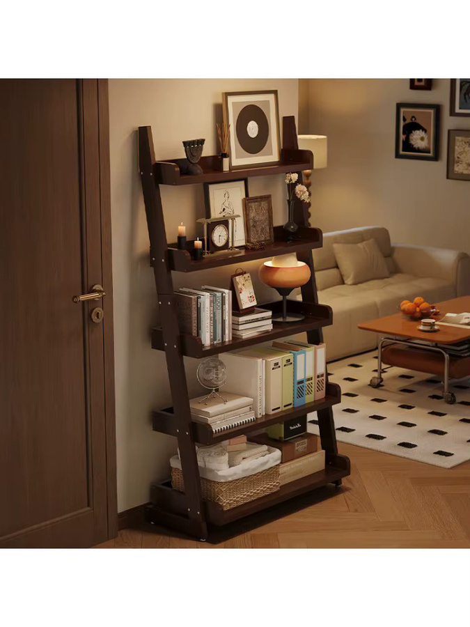 LIUSHADUOLA Bücherregal aus Massivholz in Walnuss, Trapezförmiges Standregal in Braun mit modernem Design - Bild 3