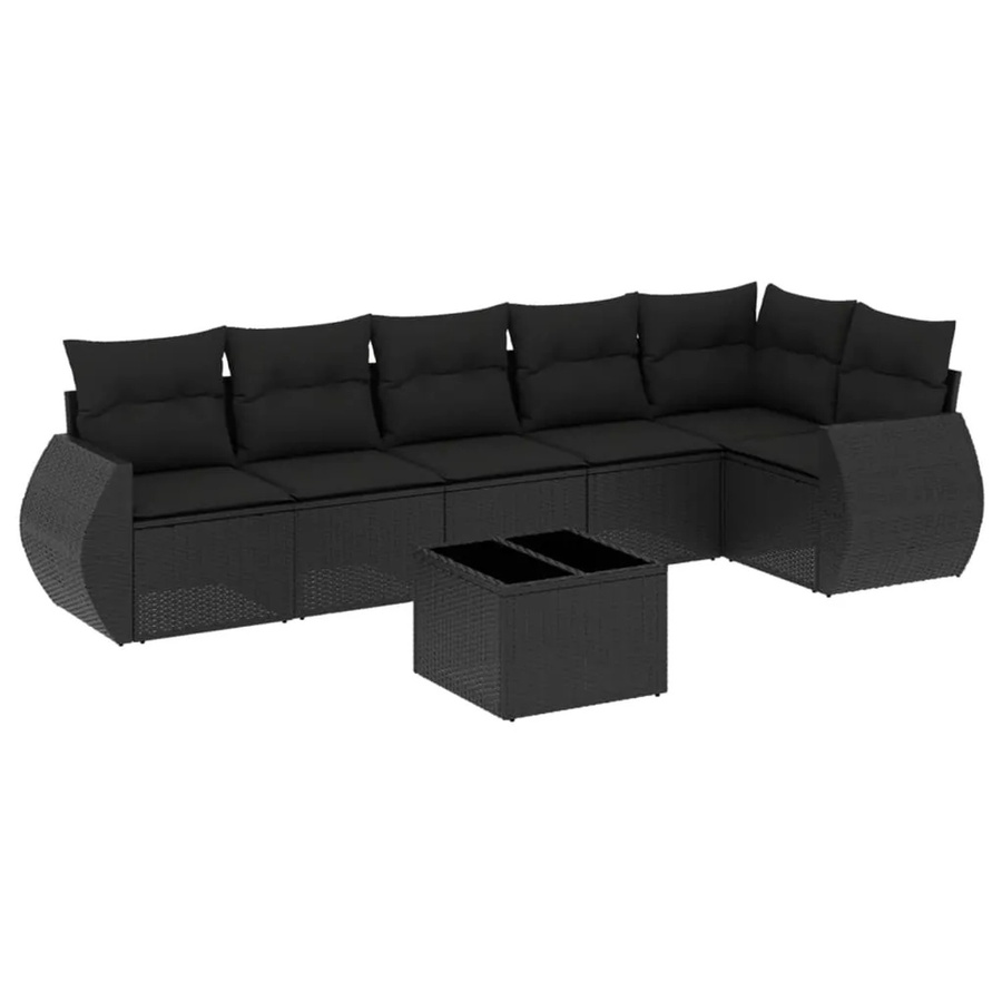 vidaXL 7-teilige Garten-Sofagarnitur in L-Form aus schwarzem Poly-Rattan mit Kissen und pulverbeschichtetem Stahlgestell - Bild 2