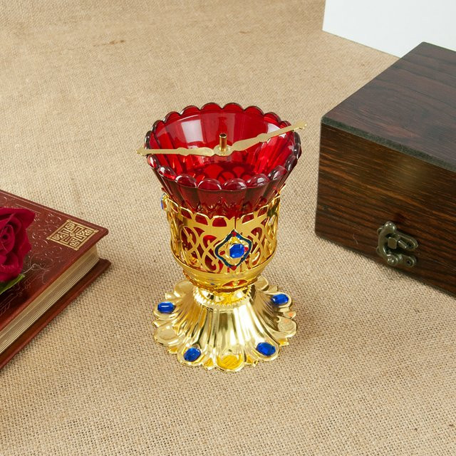 Orthodoxe christliche Öllampe mit rotem Glasbecher in Rot und Weiß für religiöse Zeremonien - Bild 1