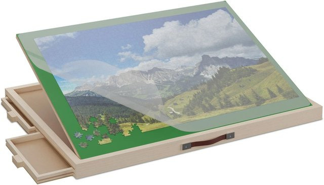 Relaxdays Puzzlebrett aus Kiefernholz in Natur und Grün, neigbar mit 4 Schubladen für bis zu 1000 Teile, B/T/H: 81 x 57 x 4 cm - Bild 1