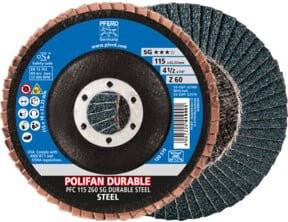 PFERD TOOLS POLIFAN POWER Fächerscheibe PFC konisch für Stahl, Durchmesser: 115 mm, Bohrung: 22,23 mm, Körnung: Z60, Leistungslinie SG DURABLE STEEL, Mehrfarbig - Bild 1