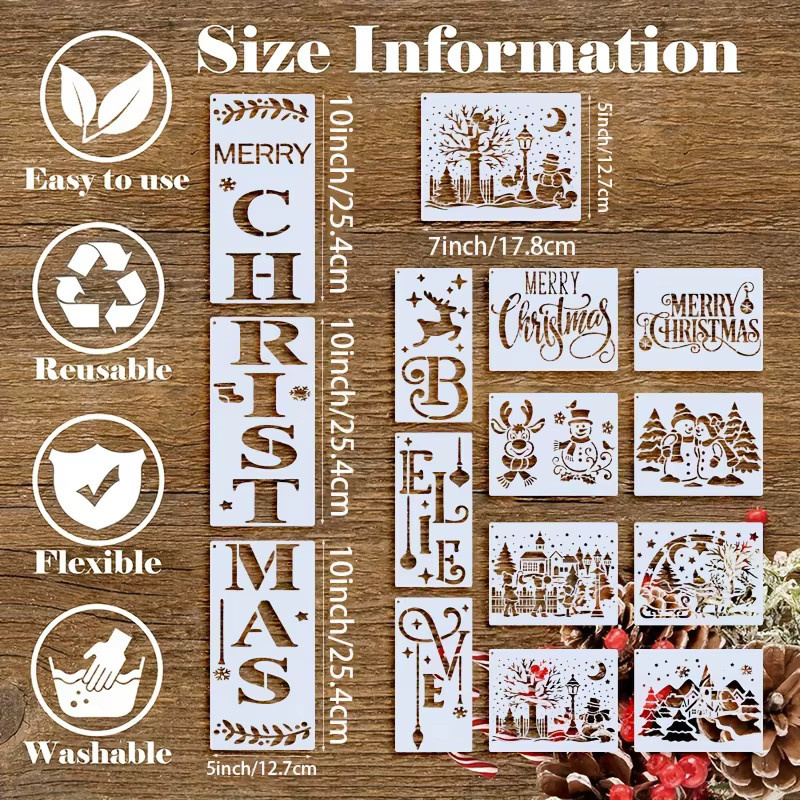 14-teiliges Weihnachts-Schablonen-Set aus Kunststoff in Weiß für DIY-Malerei und Basteldekoration mit Buchstabenschildern 25,4 cm und Feiertags-Szenenvorlagen 17,8 cm - Bild 2