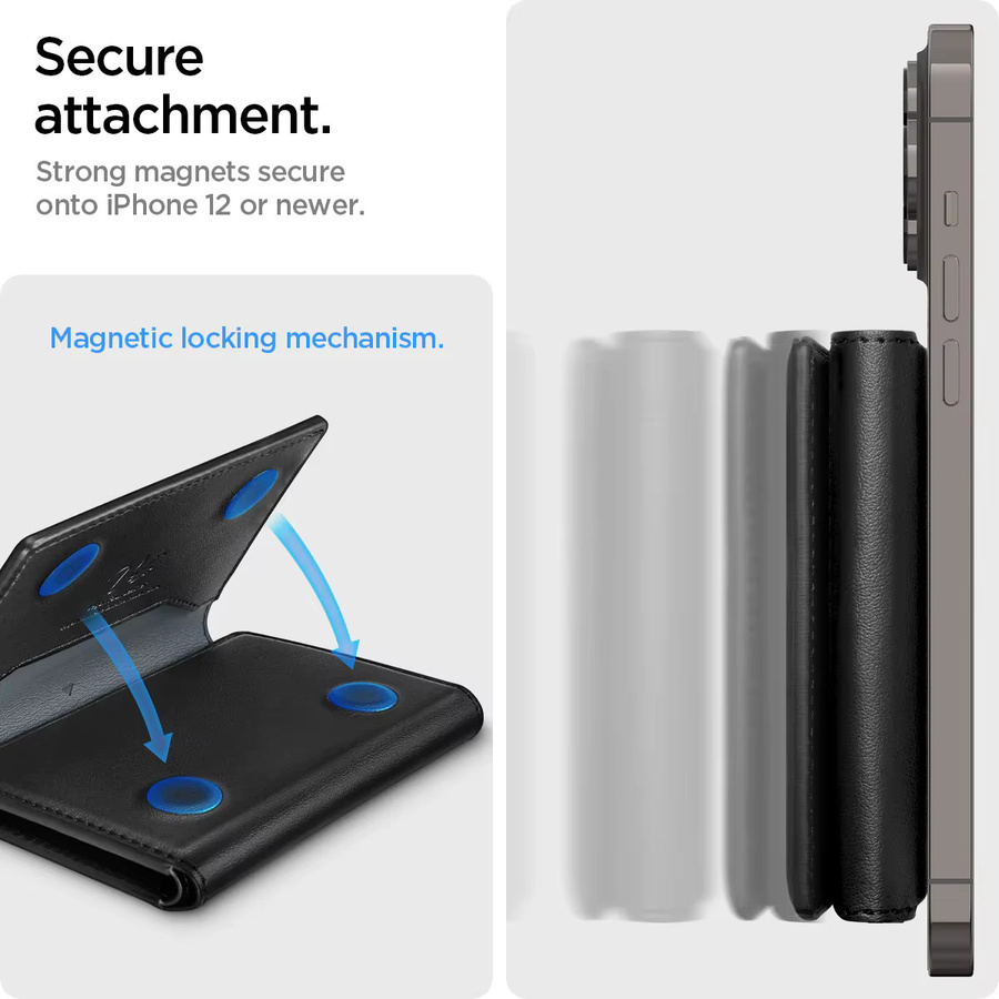 Spigen Magnetische Leder-Brieftasche als Kartenhalter und Schutzhülle für iPhone 12 bis iPhone 17 Pro Max, Schwarz - Bild 5
