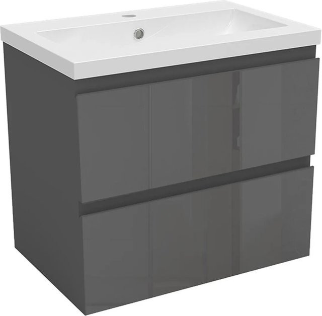AICA Badmöbel Set Aalst: 2-teiliges Waschtisch-Set mit Mineralguss-Waschbecken und Unterschrank in Anthrazit Hochglanz, Breite: 60 cm - Bild 1