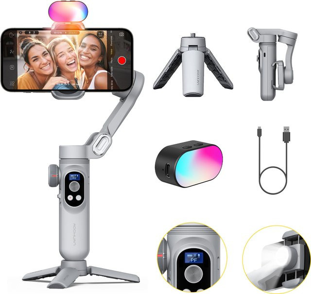 AOCHUAN Smart XPro 3-Achsen-Smartphone-Gimbal-Stabilisator mit RGB-Video-Fülllicht für iPhone und Android, Grau - Bild 1