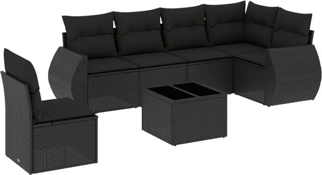 vidaXL 7-teilige Garten-Sofagarnitur in L-Form aus schwarzem Poly-Rattan mit Kissen und pulverbeschichtetem Stahlgestell - Bild 1