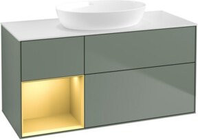 V&B Waschtischunterschrank Finion mit Wandbeleuchtung, Breite: 120 cm, Farbe: Lackiert Gold Matt mit Olivenfarben Lackierung - Bild 1
