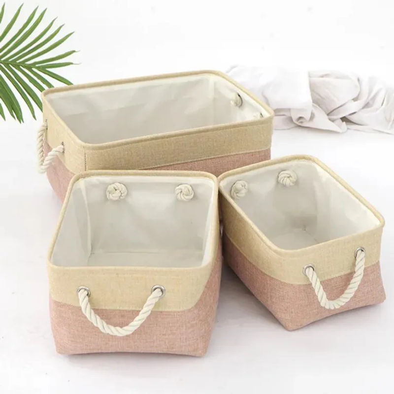 SEEQS Aufbewahrungskorb aus Baumwolle und Leinen, faltbarer Textil-Organizer in Beige, B/T/H: 41 x 32 x 20 cm - Bild 2