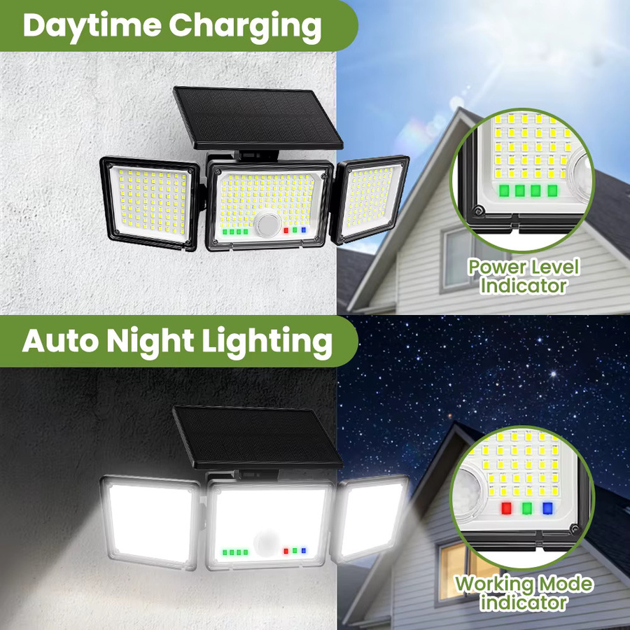 286 LED Solar-Bewegungssensor-Sicherheitsleuchte mit 3 Köpfen, Wasserdichter Solar-Flutlicht in Schwarz für Garten und Garage, Cool White - Bild 3