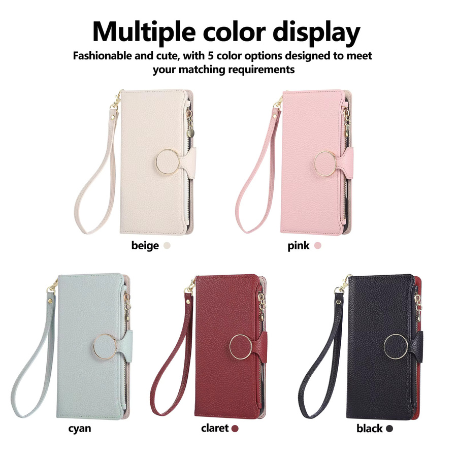 Leder-Handyhülle mit Reißverschluss und Lanyard für Apple iPhone 17 Pro Max, 16 Pro Max, 15 Plus, 14, 13, 12 mit Kartenfächern und Ständer in Schwarz - Bild 3