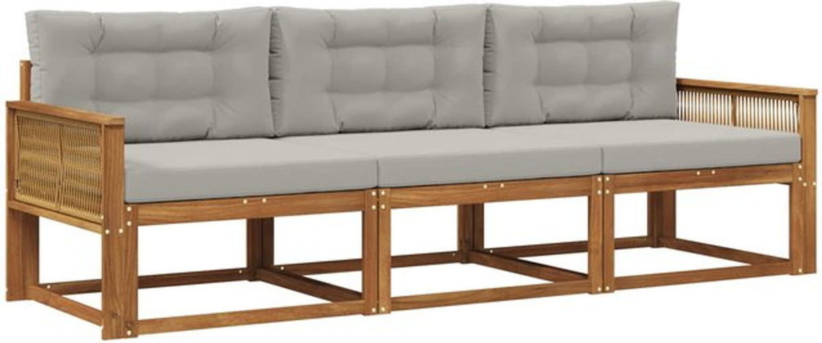 vidaXL Outdoor-Sofagarnitur aus Akazie mit Kissen, 3-teiliges Loungemöbel-Set in Natur und Hellgrau - Bild 1