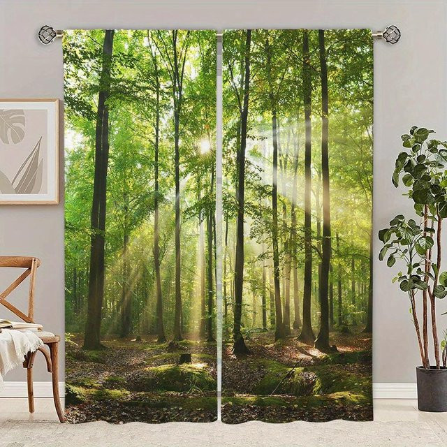 2er-Set Vorhang mit Waldlandschaft und Wasserfall Motiv in Grün, Breite: 65 cm, Höhe: 60 cm - Bild 1