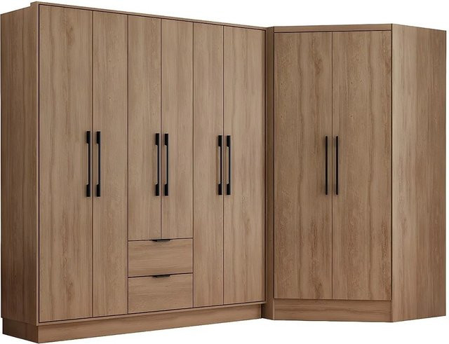 Kleiderschrank Feova Eckschrank mit Türen und Schubladen in Naturfarben Beige und Braun, Breite: 263,5 cm - Bild 1
