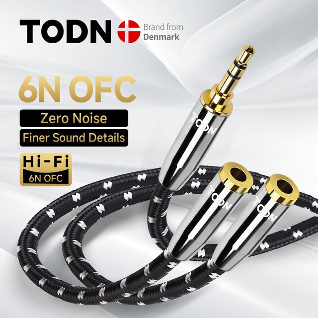 TODN HIFI 6N OFC 3,5mm AUX-Kabel Y-Splitter Vergoldet Schwarz mit 1 Stecker auf 2 Buchsen für Computer und Verstärker - Bild 1
