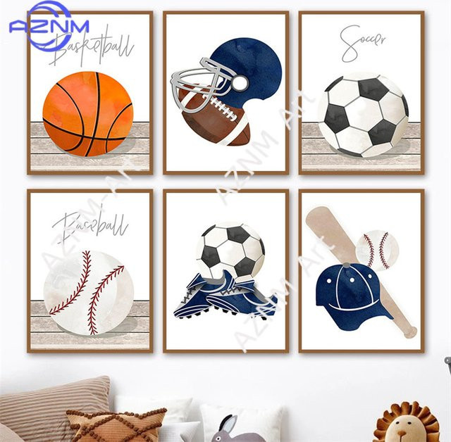 KAYOU Aquarell Sport Wandkunst Leinwandgemälde mit Fußball Basketball Baseball und Golf Motiven in Mehrfarbig für Kinderzimmer und Jugendzimmer - Bild 1