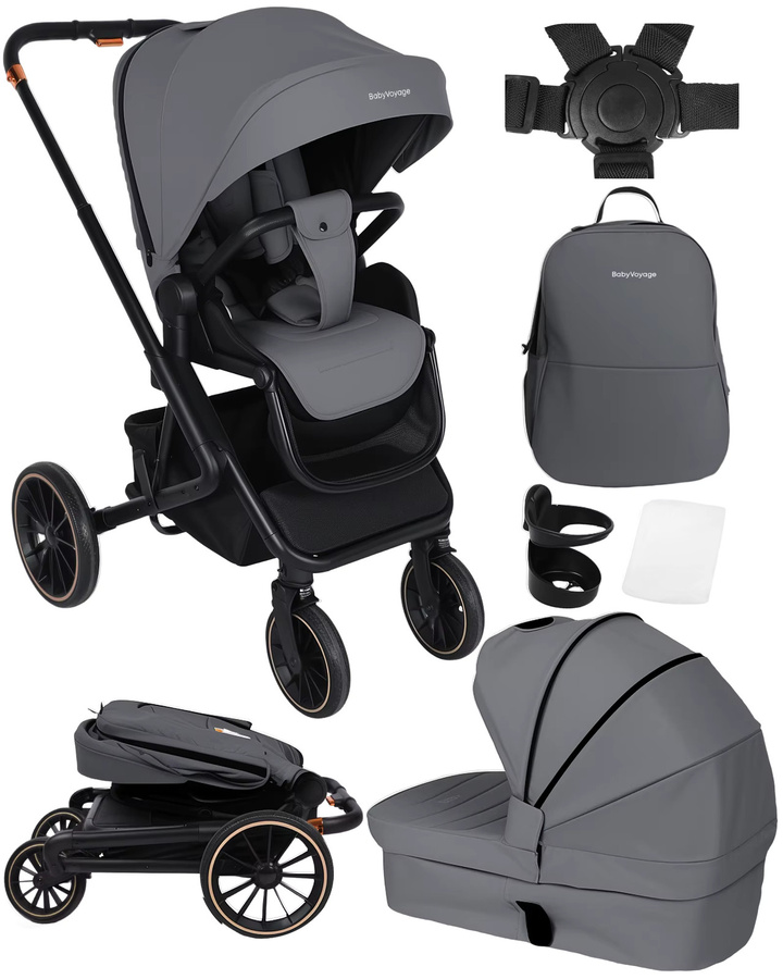 Babyvoyage 2-in-1 Kombikinderwagen mit Schlafkorb, faltbar, Grau/Braun - Bild 1