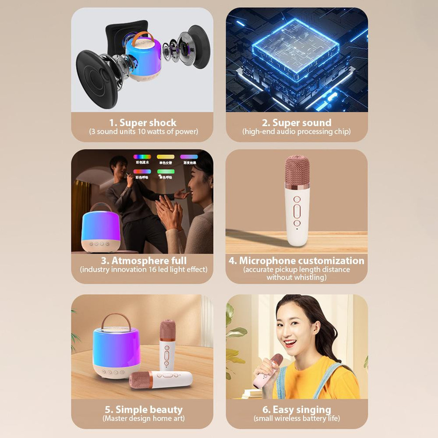 Honor Electronics Karaoke Maschine Mini Set mit 2 drahtlosen Bluetooth Mikrofonen und Lautsprecher in Weiß mit LED-Beleuchtung - Bild 3