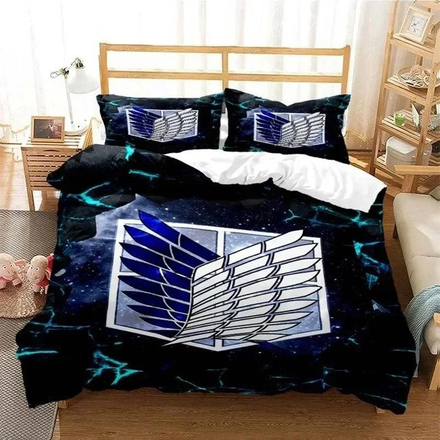Lodestar Attack on Titan AOT Bettwäscheset mit Eren Yeager Motiv, Blau, aus Mikrofaser, bestehend aus Bettbezug und Kissenbezug, Breite: 70 cm, Länge: 133 cm - Bild 1