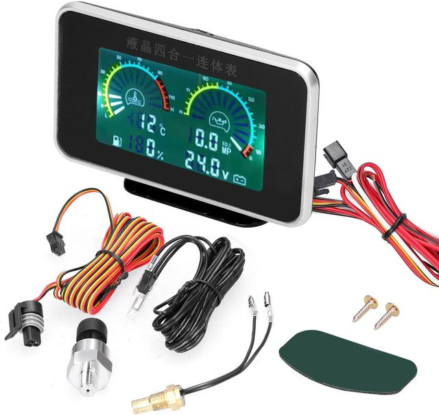 Igeteck 4-in-1 Auto LCD Messgerät in Schwarz für Öldruck, Spannung, Wassertemperatur und Kraftstoffanzeige - Bild 1