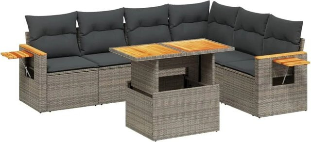 vidaXL 7-teilige Garten-Sofagarnitur in L-Form aus Poly-Rattan und Akazienholz in Grau mit Kissen - Bild 1