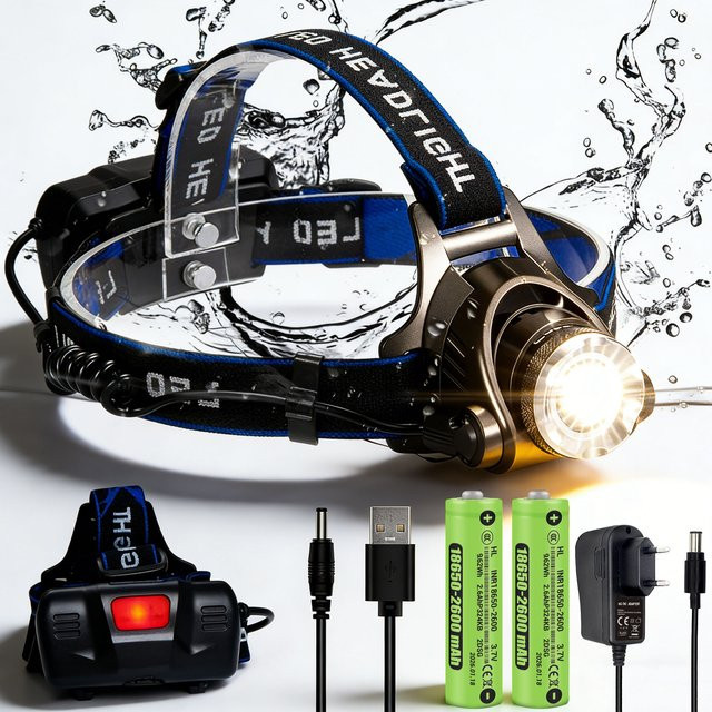 Heinast LED-Stirnlampe in Schwarz mit USB-Aufladung und Teleskop-Zoom für Outdoor und Arbeit - Bild 1
