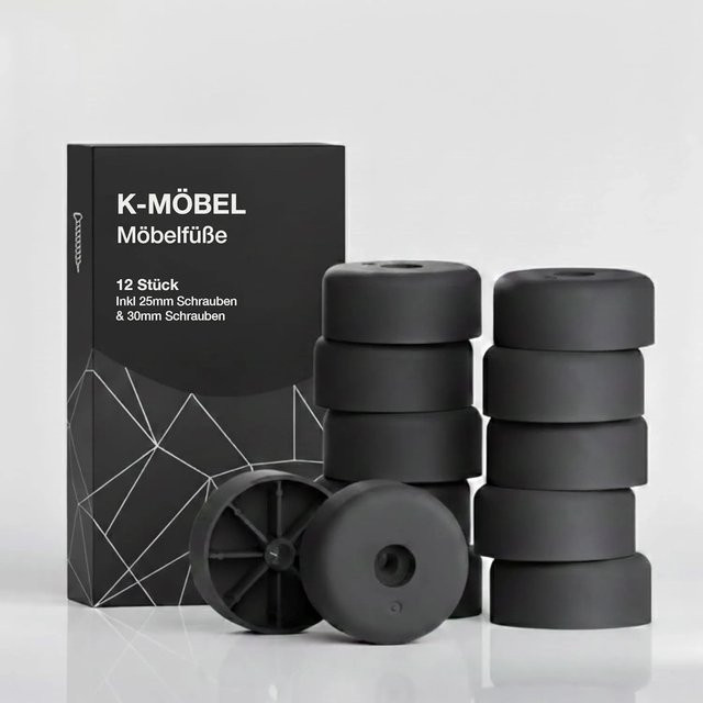 K-Möbel Möbelfüße aus Kunststoff in Schwarz, 12 Stück inklusive 25 mm und 30 mm Schrauben, Maße: 40 mm x 25 mm - Bild 1