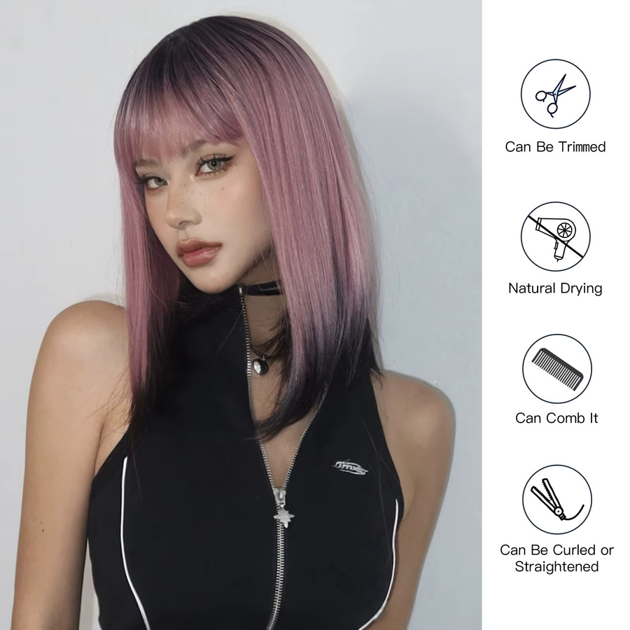 HAIRCUBE Perücke, kurzer Bob mit Pony, rosa-schwarz Ombre, Damen - Bild 3