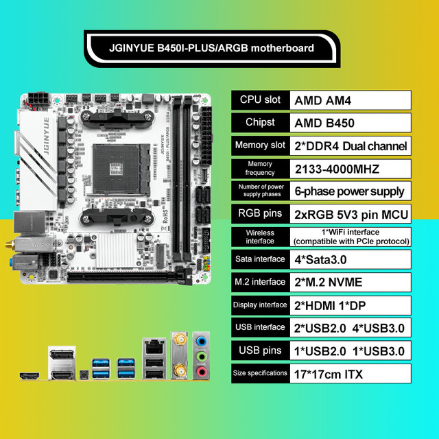 JGINYUE B450I-PLUS Mini-ITX Motherboard für AMD AM4 Sockel, unterstützt Ryzen R3 R5 R7 CPU, DDR4 RAM und PCIe 3.0, Weiß - Bild 1