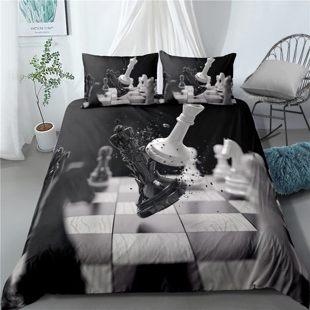 JMG Household Supplies Schach-Bettbezug-Set mit Kissenbezug in Schwarz-Weiß, Schachbrett-Design für Kinder und Teenager, B/H: 135 x 200 cm - Bild 1