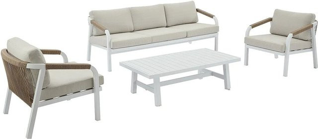 Gartensitzgruppe MYLIA Set aus Aluminium und Seil in Beige und Weiß mit 3-Sitzer-Sofa, 2 Sesseln, Couchtisch und Polstern, Breite: 204 cm - Bild 1