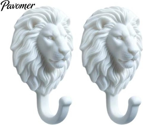 Aunel Badezimmerzubehör Löwenkopfhaken 2er Set, selbstklebende Wandhaken in Tierform aus Kunststoff, Weiß - Bild 1