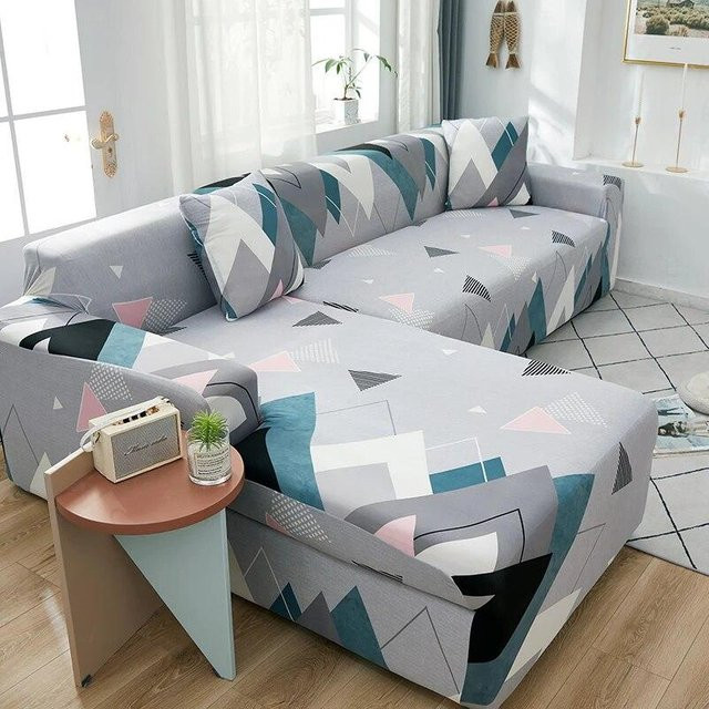 Elastischer Sofabezug mit geometrischem Print in Multicolour, L-Form Chaselong-Schutz für 1-Sitzer, maschinenwaschbar, Breite: 90-140 cm - Bild 1