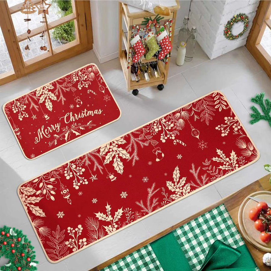 VIKAMA 2-teiliges Weihnachtsdekor Set mit Küchenteppich und Schiebe-Fußmatte in Rot im Bauernhaus-Stil für Küche und Schlafzimmer - Bild 3