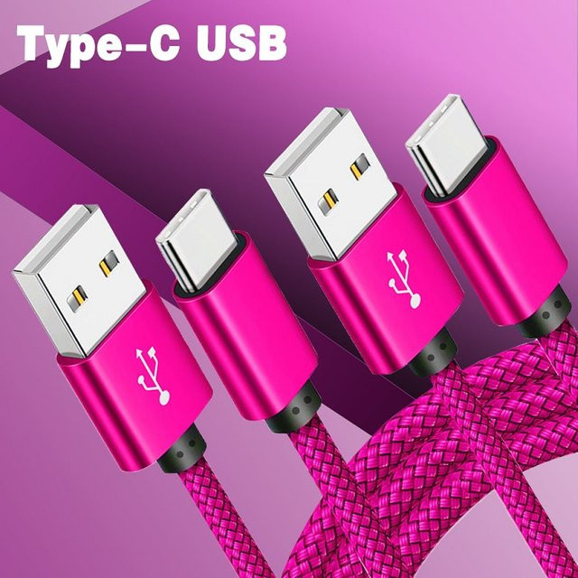 GeydrQ USB A zu Typ C Ladekabel aus Nylon als Schnellladegerät und Datenkabel für Android Smartphones in Pink und Purple - Bild 1