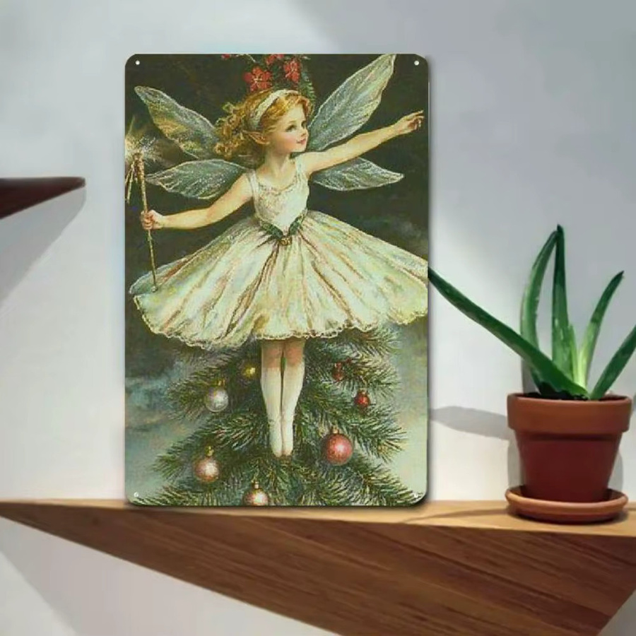 HELLOYOUNG Vintage-Fee Metallblechschild für die Wand, Engel-Motiv in Mehrfarbig, Rustikale Dekoration für Weihnachten, B/H: 20,3 x 30,5 cm - Bild 2