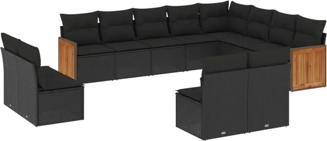 vidaXL 12-tlg. Garten-Sofagarnitur in U-Form aus Polyrattan und Akazienholz mit Kissen, Schwarz - Bild 1