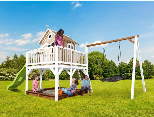 Axi Liam Spielturm aus Holz mit Roxy Nestschaukel und Rutsche in Braun, Weiß und Lindgrün, B/H/T: 613 x 291 x 277 cm - Bild 1