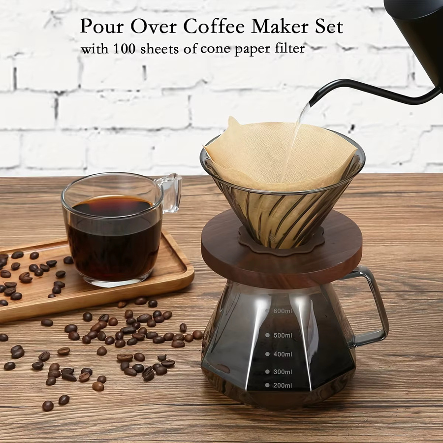 Leeseph Pour-Over-Kaffeebereiter-Set mit Borosilikatglaskaraffe, Walnussholzgriff und 100 Papierfiltern, Grau - Bild 2