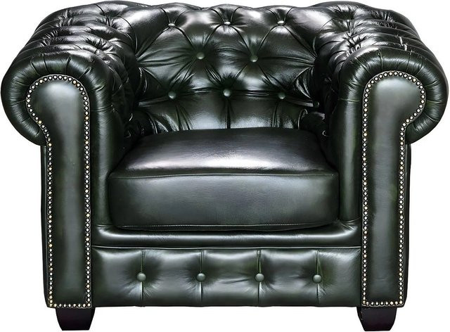 Vente-unique Chesterfield Sessel aus Leder mit gerader Rückenlehne und Punksteppung in Tannengrün, Breite: 105 cm - Bild 1