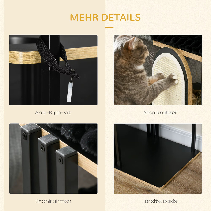 Svintora Katzen-Kratzbaum im Industrial Design mit Metallrahmen, drei Holzplattformen, zwei Plüsch-Liegematten und Sisal-Kratzwand in Schwarz Matt - Bild 4